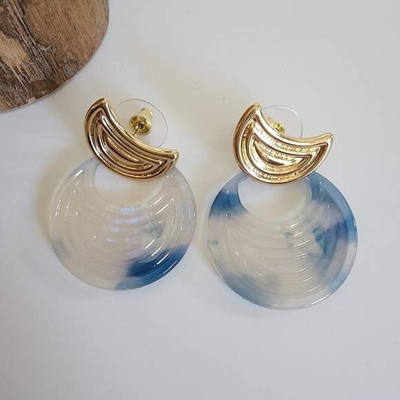 NEW Blue Gold Marble Iridescent Round Dangle Earrings - Picture 3 of 7